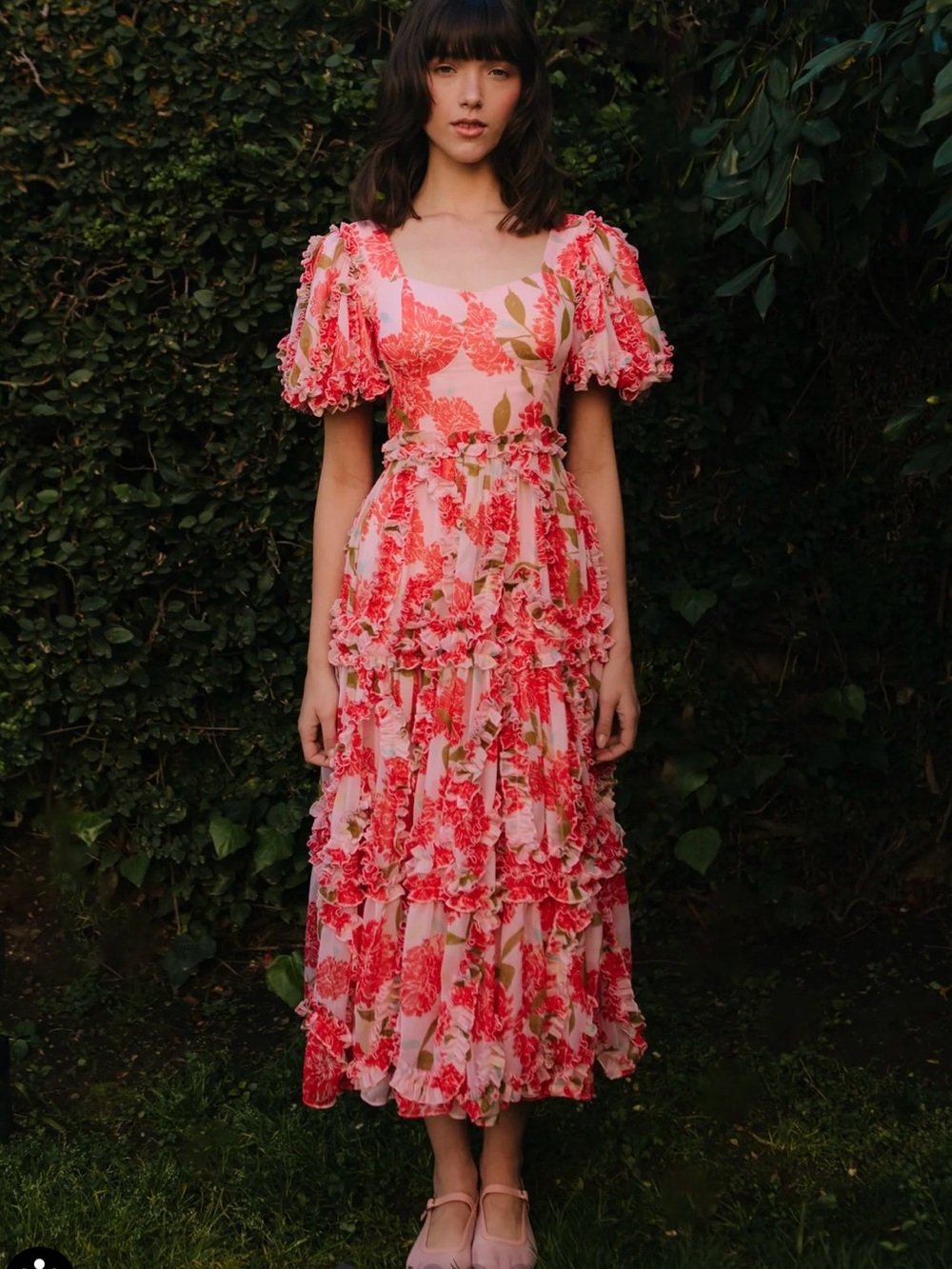 Ivy City Co Pink Floral Ruffle Midi Dress Size 10